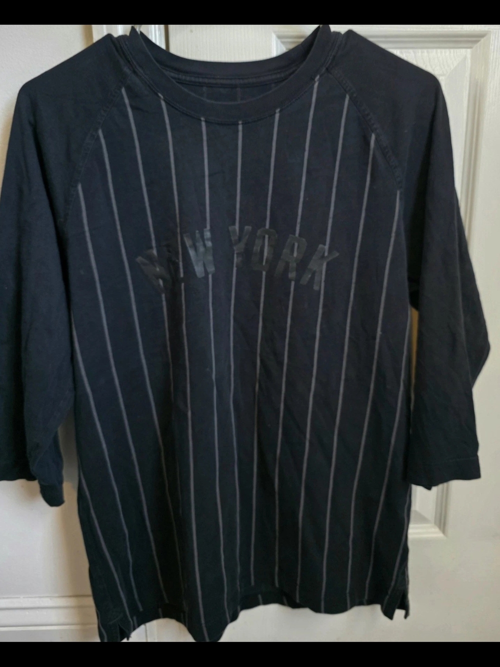 Men's Black Pinstripe 3/4 Sleeve Shirt with New York Graphic